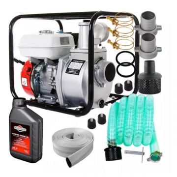 Set Motopompa apa 6.5CP, 2 toli, 500 l/min, H-23m, furtun ref. 20m, furtun abs. 8m, Micul Fermier si Ulei Motor 4Timpi