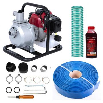 Set Motopompa apa SVA Alpin, 1 Tol, 8m3, 2CP, motor 2 Timpi, furtun refulare 100m pvc, furtun absorbtie 5m pvc, ulei pentru amestec motor 2T