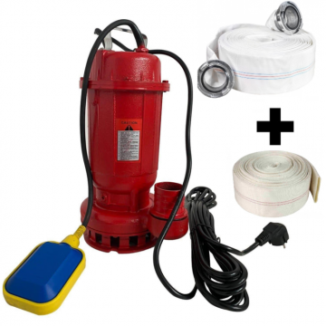 Pachet promo Pompa apa murdara din fonta DDT rosie WQD10 cu plutitor, 1100 W, 15 m  ³ h + Furtunul de pompier 2   20 m, 8 bari, cu cuple + Furtunul de pompier 2   20 m, 8 bari