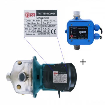 Pachet promo Pompa autoamorsanta de suprafata, DDT, JS100, 2200 W, 3000l h + Presostat electronic automat DDT LS1, 1.1kW, 10 bar
