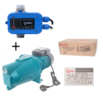 Pachet promo Pompa de suprafata, DDT, JET100L, 1500 W, Fonta, Bobinaj 100% cupru + Presostat electronic automat DDT LS1, 1.1kW, 10 bar