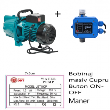 Pachet promo Pompa de suprafata JET100P, 1.5kW, apa curata, 60L min, 50m, 1   cu buton pornire-oprire si bobinaj masiv cupru + Presostat electronic automat DDT LS1, 1.1kW, 10 bar