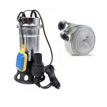 Pachet promo Pompa pentru apa murdara cu plutitor fara tocator, DDT, Inox, SWP2550F, 2550 W, 25 mc h + Furtunul de pompier 2   20 m, 8 bari, cu cuple