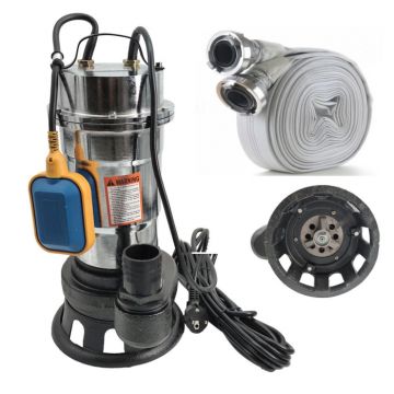 Pachet promo Pompa pentru apa murdara  DDT, cu plutitor si tocator , 3000 W , Adancime evacuare maxim 8 Metri, corp inox + Furtunul de pompier 2   20 m, 8 bari, cu cuple