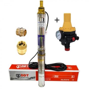 Pachet promo Pompa submersibila, DDT, 3QJD-1.1, 1.1 kW, Inox, 75 mm diametru, 10 turbine + Prescontrol LS6 + supapa de sens si niplu