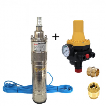 Pachet promo Pompa submersibila, DDT, QGD120, Inox complet, suruburi inox, sita protectie, 20 m cablu, 120 m, 3 m  ³ h + Prescontrol LS6 + supapa de sens si niplu