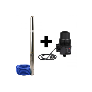 Pachet promo Pompa submersibila de mare adancime, DDT, 4SDM3-20, 2500 W, 20 turbine, 12 m  ³ h Inox, 30 m cablu + Presostat electronic automat DDT, LS-4