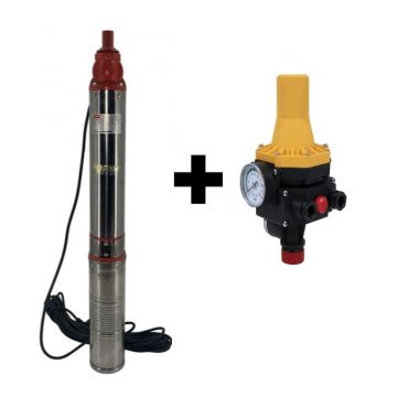 Pachet promo Pompa submersibila de mare adancime, DDT, QJD12-120-1.8, 1800 W, 8 m  ³ h, 12 turbine, Inox + Presostat electronic automat DDT LS6, 1.1kW, 10 bar