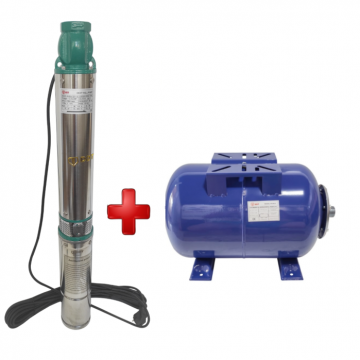 Pachet promo Pompa submersibila de mare adancime, DDT, QJD120-1.5, 1500 W, Inox, 8 turbine + Vas de expansiune , Bazin hidrofor DDT , 24 LT , Membrana inclus