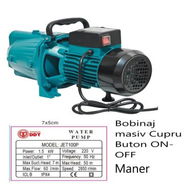 Pompa de suprafata JET100P, 1.5kW, apa curata, 60L min, 50m, 1   cu buton pornire-oprire si bobinaj masiv cupru