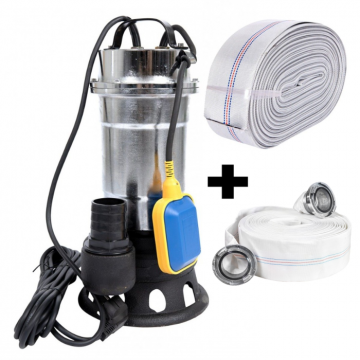 Pompa pentru apa murdara cu plutitor fara tocator, DDT, Inox, SWP2550F, 2550 W, 25 mc h + Furtun pompier, 20 metri, 2 toli + Furtun pompier, 20 metri, 2 toli, cu cuple