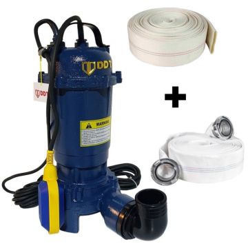 Pompa submersibila cu tocator si plutitor, DDT, WQD10, 2600W + Furtun pompier, 20 metri, 2 toli + Furtunul de pompier 2   20 m, 8 bari, cu cuple