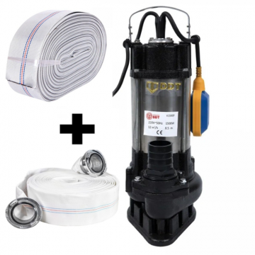 Pompa submersibila de apa murdara DDT V1500F, 1500 W, 12 mc h+ Furtun pompier, 20 metri, 2 toli +  Furtunul de pompier 2   20 m, 8 bari, cu cuple